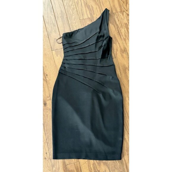 Cache Dresses & Skirts - Vintage 90s Cache Dress Sz 4 Black Ruched Knee Length One Shoulder Cocktail Y2k‎